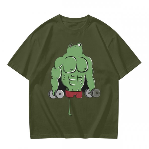 Oversized Army Green T-Shirt With Muscular Frog Lifting Dumbbells Print