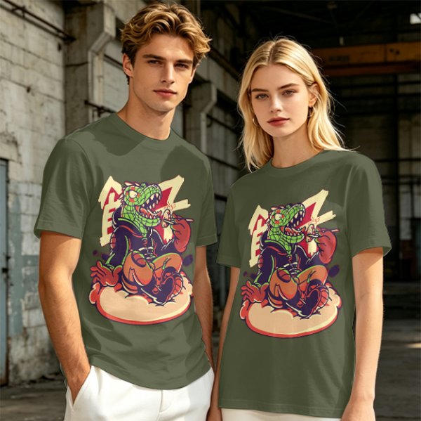 Olive T-Shirt with Cartoon Crocodile Eating Snack Graphic