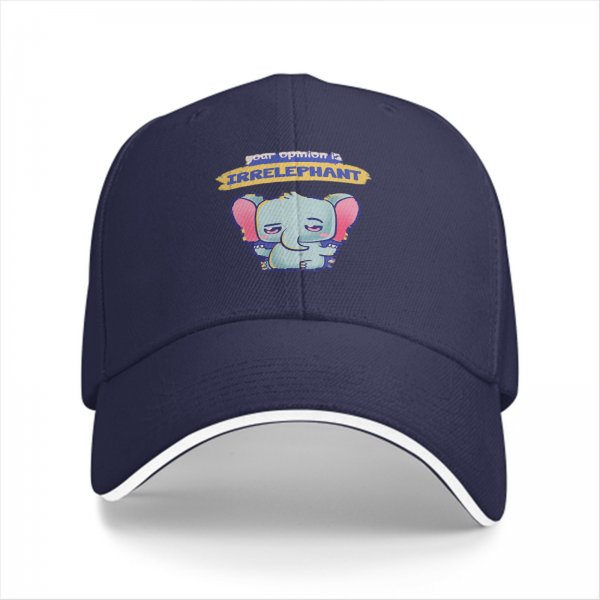 Black baseball cap with 'your opinion is irrelephant' cute elephant graphic
