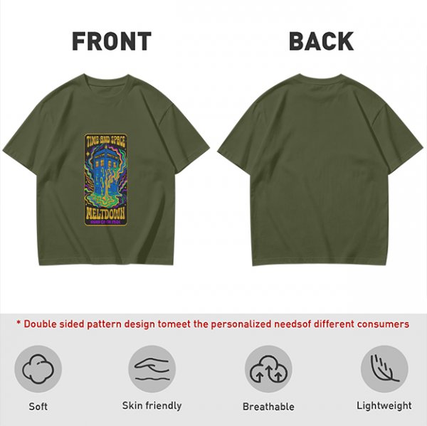 Olive T-Shirt with Psychedelic Time and Space Meltdown Tardis Art