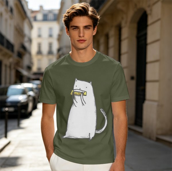 Olive T-Shirt With White Cat Playing Harmonica Graphic