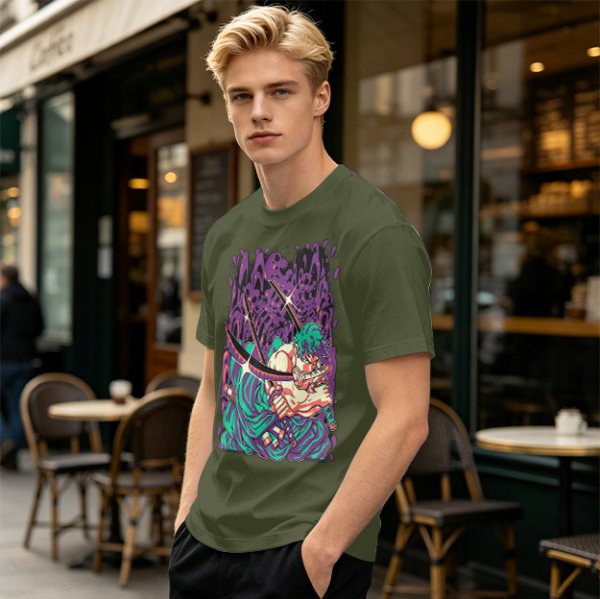 Olive T-Shirt With Anime Swordsman Graphic Print