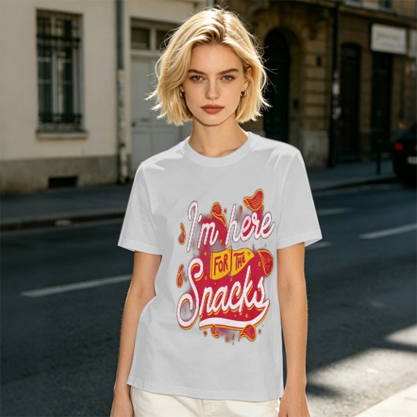 Olive green graphic tee with 'I'm here for the snacks' print