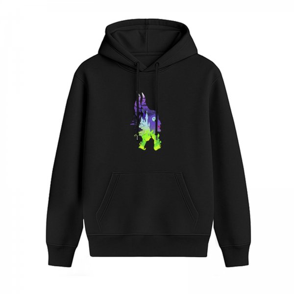 Black hoodie with vibrant abstract fantasy creature graphic print