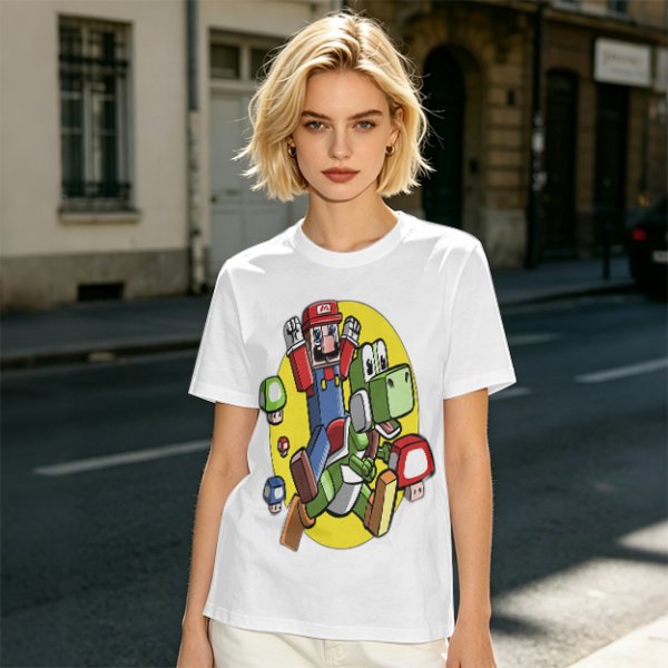 Olive T-shirt with Block Style Mario Riding Yoshi and Mushroom Graphics