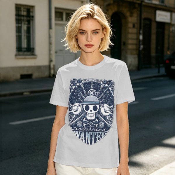 Olive T-shirt with Straw Hat Pirates Wanted Pirate Emblem Print
