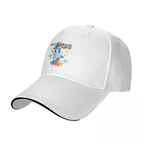 Black baseball cap with playful unicorn rainbow poop graphic