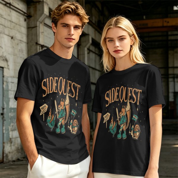 Olive t-shirt with Side Quest fantasy adventure graphic print