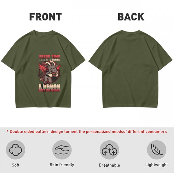Olive t-shirt with funny demon goat fart joke graphic