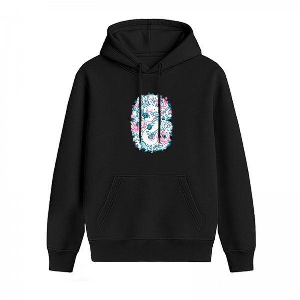 Black hoodie with whimsical floral dragon graphic print
