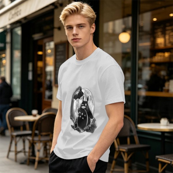 Olive t-shirt with Totoro and small spirits under full moon print