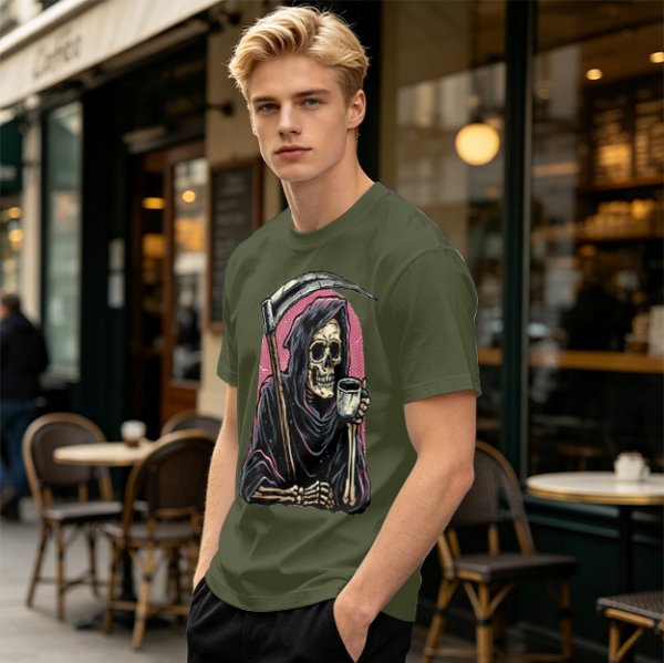 Olive T-Shirt Featuring Grim Reaper Holding Coffee and Scythe