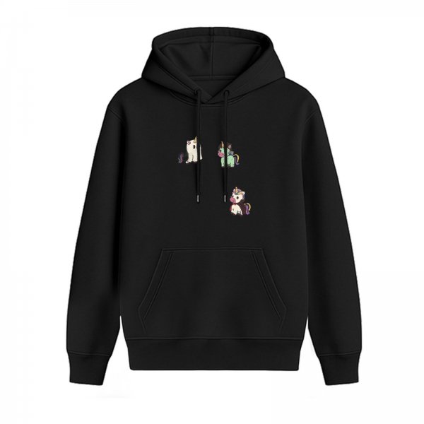 Black hoodie with cute unicorn and cat graphic prints