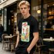 Olive graphic tee with Laser Cats retro comic print of kids holding laser cats
