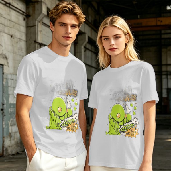 Olive Green T-Shirt With Cute Green Creature Preparing Peas Graphic