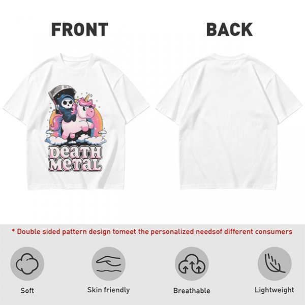 Olive t-shirt with cute grim reaper riding unicorn and death metal graphic