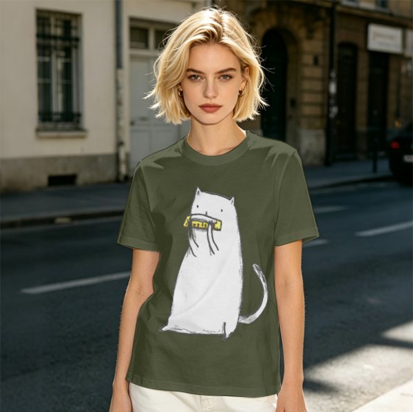 Olive T-Shirt With White Cat Playing Harmonica Graphic