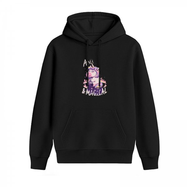 Black Hoodie With Unicorn And Magical Graphic Print