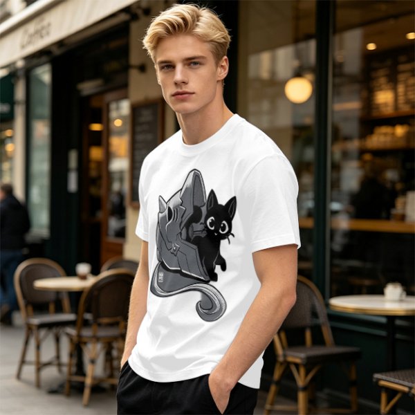 Olive Green T-Shirt With Black Cat Peeking From Knight Helmet Art