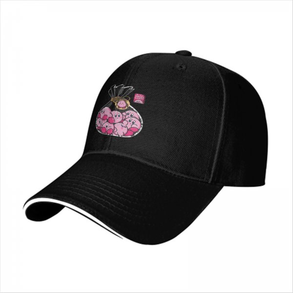 Black baseball cap with a bag of cute pink Kirby characters print