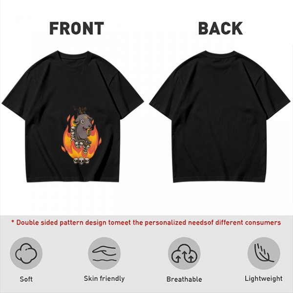 Olive T-Shirt With Cartoon Goat On Flames And Skulls Print