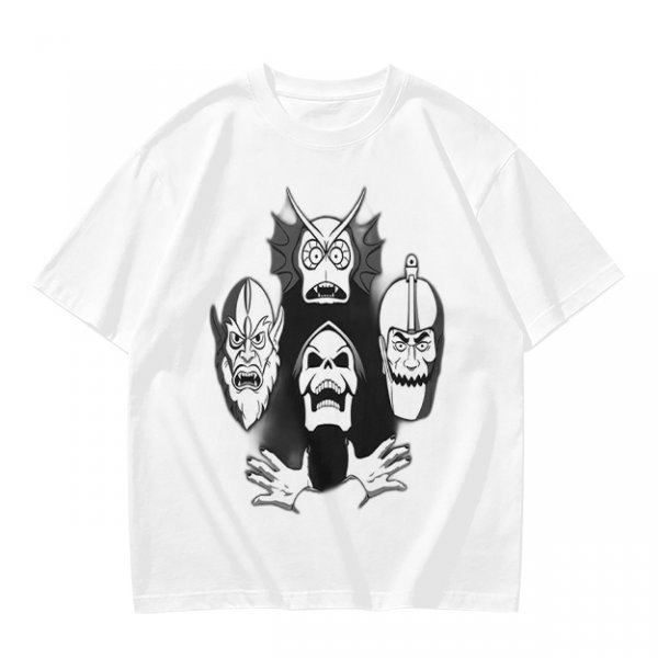 Olive T-shirt with Four Dark Fantasy Villain Heads Graphic Print