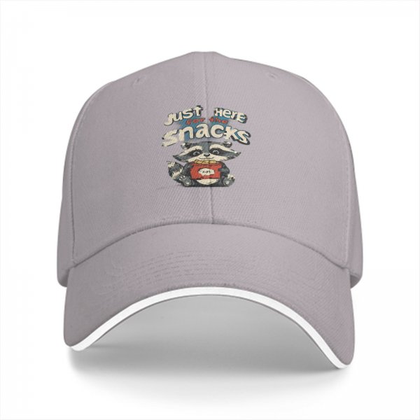 Black baseball cap with 'Just Here For The Snacks' raccoon graphic