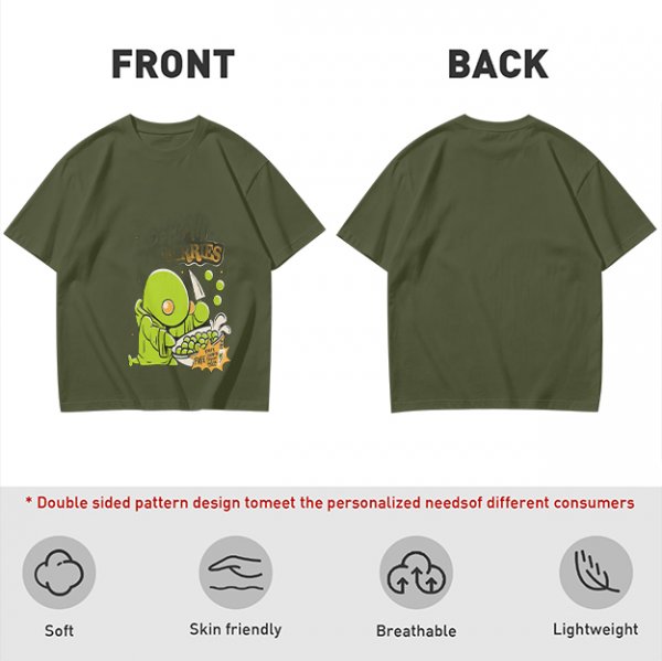 Olive Green T-Shirt With Cute Green Creature Preparing Peas Graphic