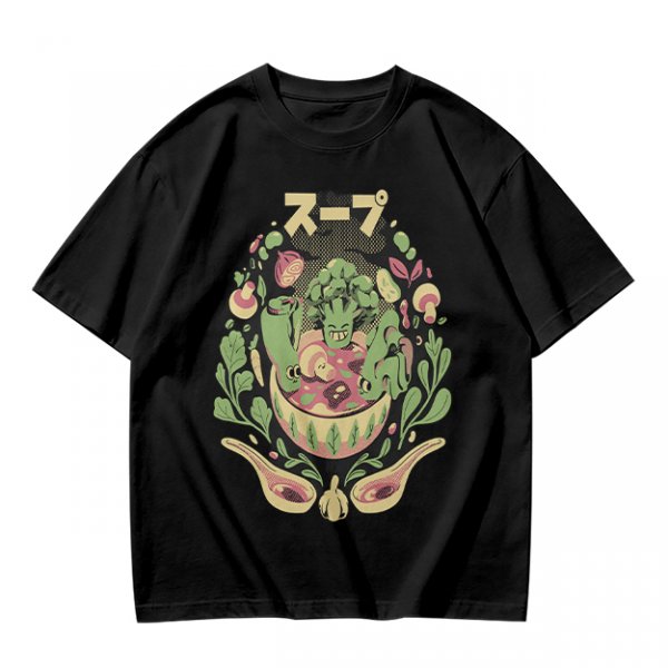 Olive green t-shirt with playful vegetable soup graphic print