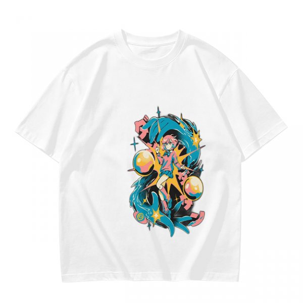 Olive anime graphic t-shirt with vibrant fantasy character art