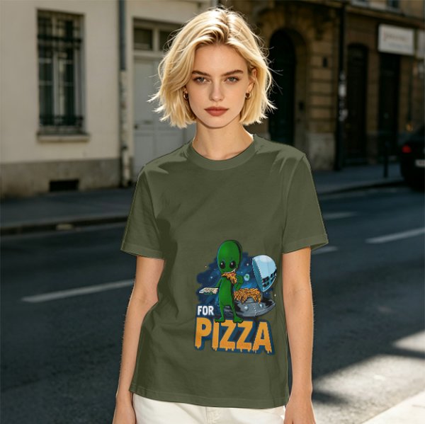 Olive Green T-Shirt with Alien Eating Pizza UFO Graphic