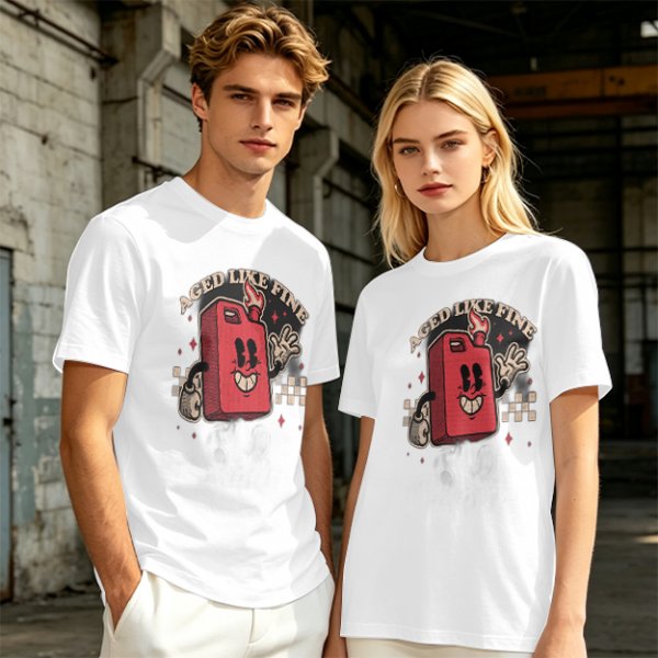 Olive T-Shirt with Retro Cartoon Gas Can 'Aged Like Fine' Print