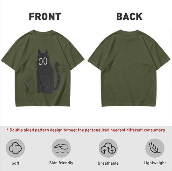 Oversized Olive T-Shirt With Cute Black Cat Graphic Print