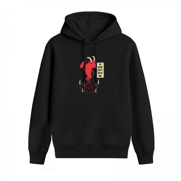 Black hoodie with cute devil pentagram graphic and funny text print