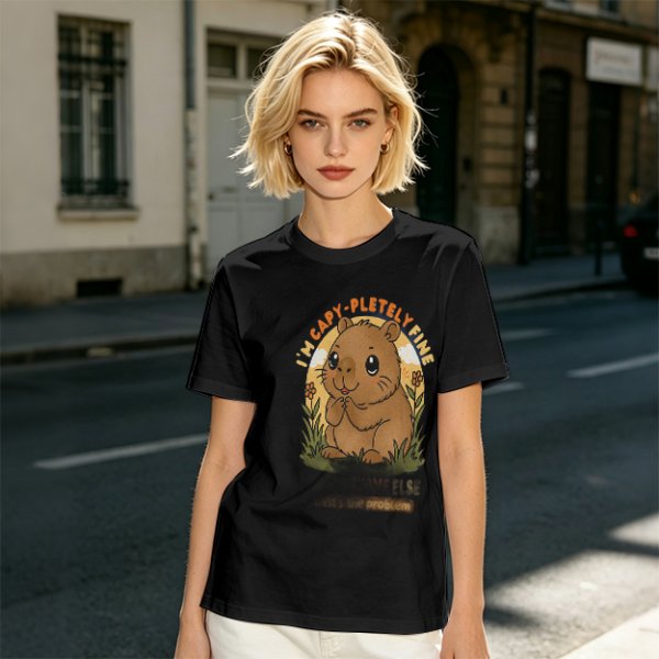 Olive t-shirt with cute capybara 'I'm capy-pletely fine' graphic