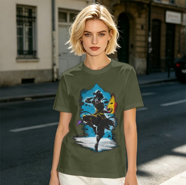 Olive T-Shirt With Fantasy Martial Artist Silhouette Graphic