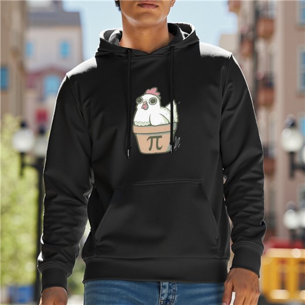 Black Hoodie With Cute Chicken In Pi Pot Graphic Print