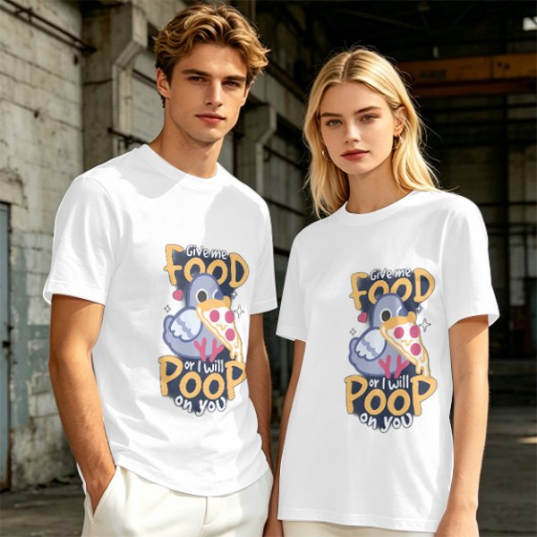Olive t-shirt with funny pigeon pizza 'Give me food or I will poop' print