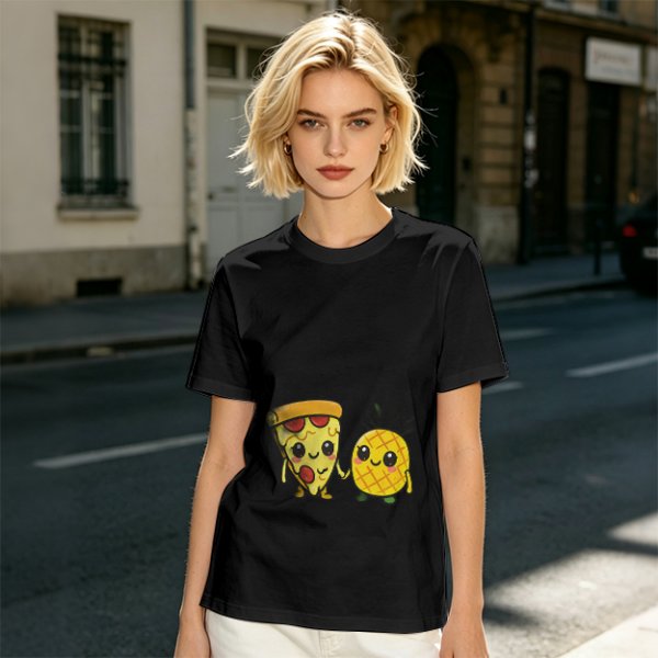 Olive T-Shirt with Cute Pizza and Pineapple Holding Hands Print