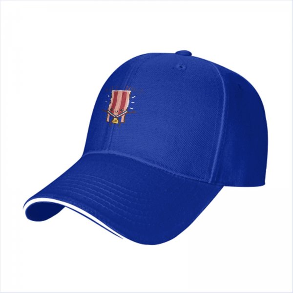 Black baseball cap with a cartoon bacon character wearing a first place medal