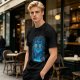 Olive T-shirt with Glowing Blue Cheshire Cat Graphic