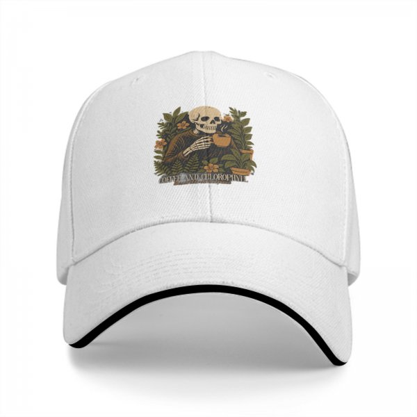 Black baseball cap with skeleton holding coffee and plants design