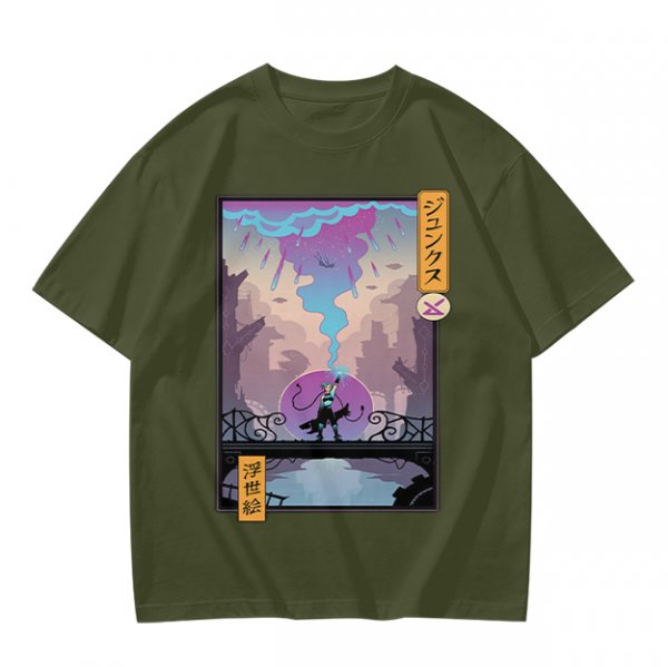 Olive T-shirt with Cyberpunk City Bridge Character Art Print