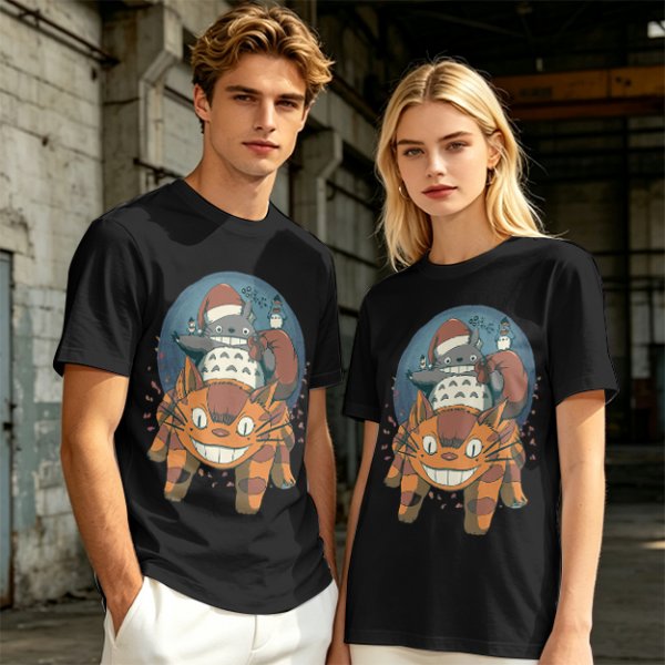 Olive T-shirt with Christmas Totoro Riding Catbus Graphic