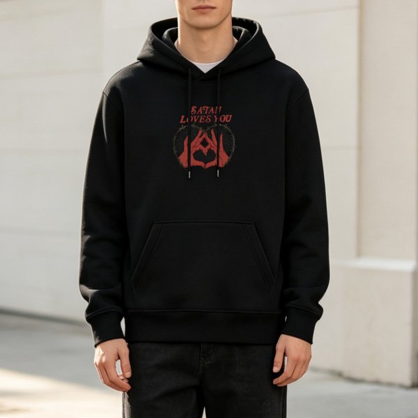 Black hoodie with 'Satan Loves You' hand gesture graphic