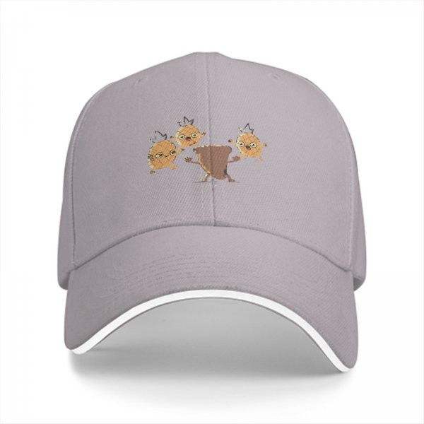 Black baseball cap with dancing pineapple and coffee cup characters