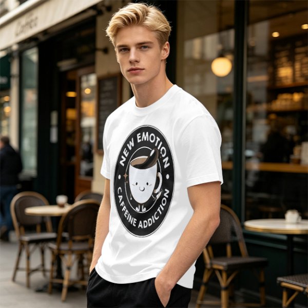 Olive t-shirt with 'New Emotion Caffeine Addiction' coffee cup graphic