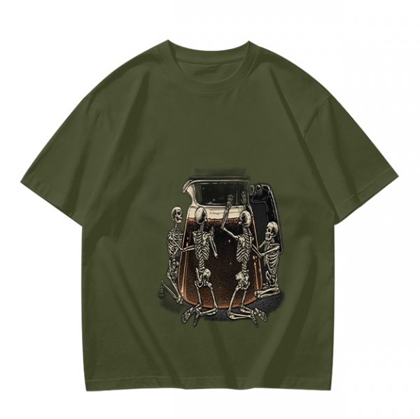 Olive T-Shirt With Skeletons Holding A Beer Pitcher Graphic