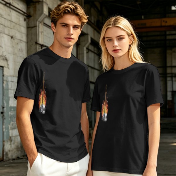Olive Green T-Shirt With Pixel Art Skull Sword And Fire Print