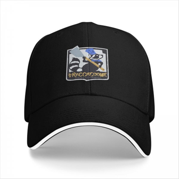 Black baseball cap with raccoon chef graphic and RACCACOOKIE text